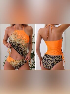 Orange Sequin Halter Leopard Bikini Set